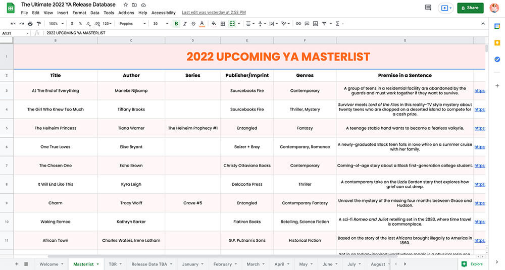 The Ultimate 2022 YA Book Release Spreadsheet