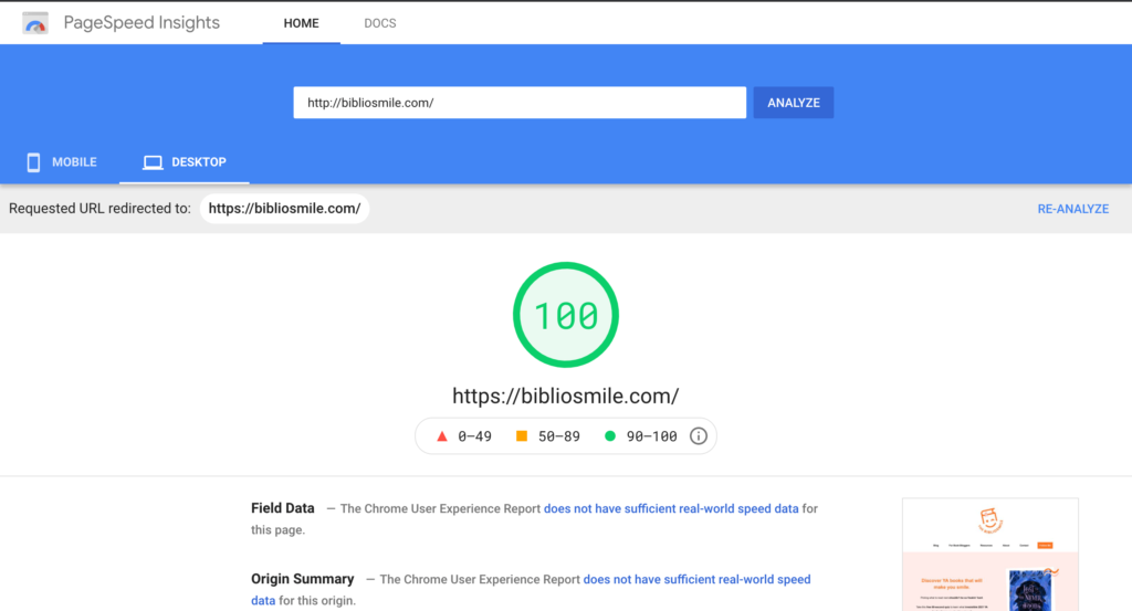bibliosmile getting 100 on page speed test